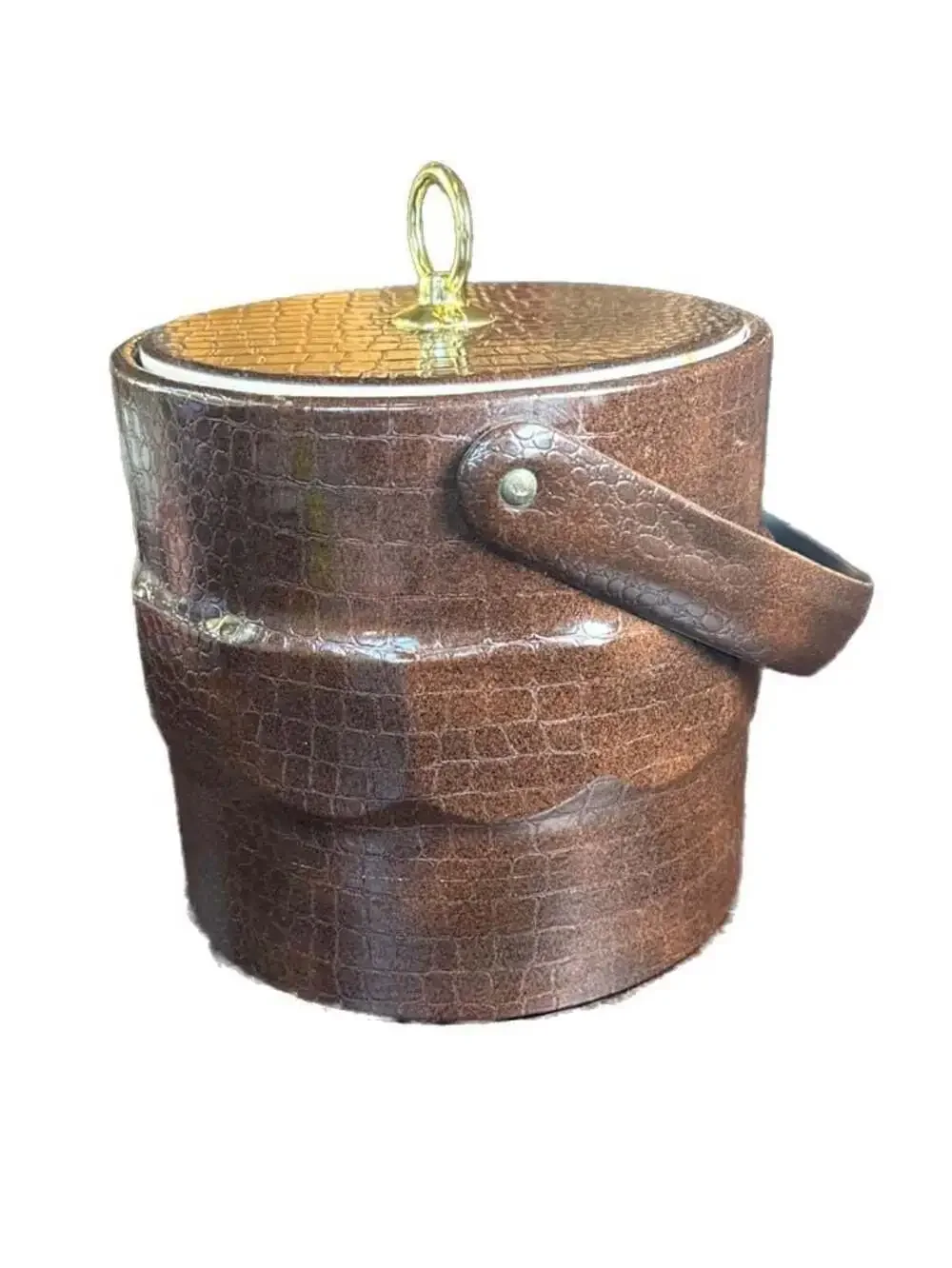 Vintage MCM Brown Faux Crocodile Embossed Leather Ice Bucket with Gold Ring